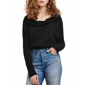 Free People We the Free Waffle Thermal Wildcat Cowl Neck Top Size Large Black